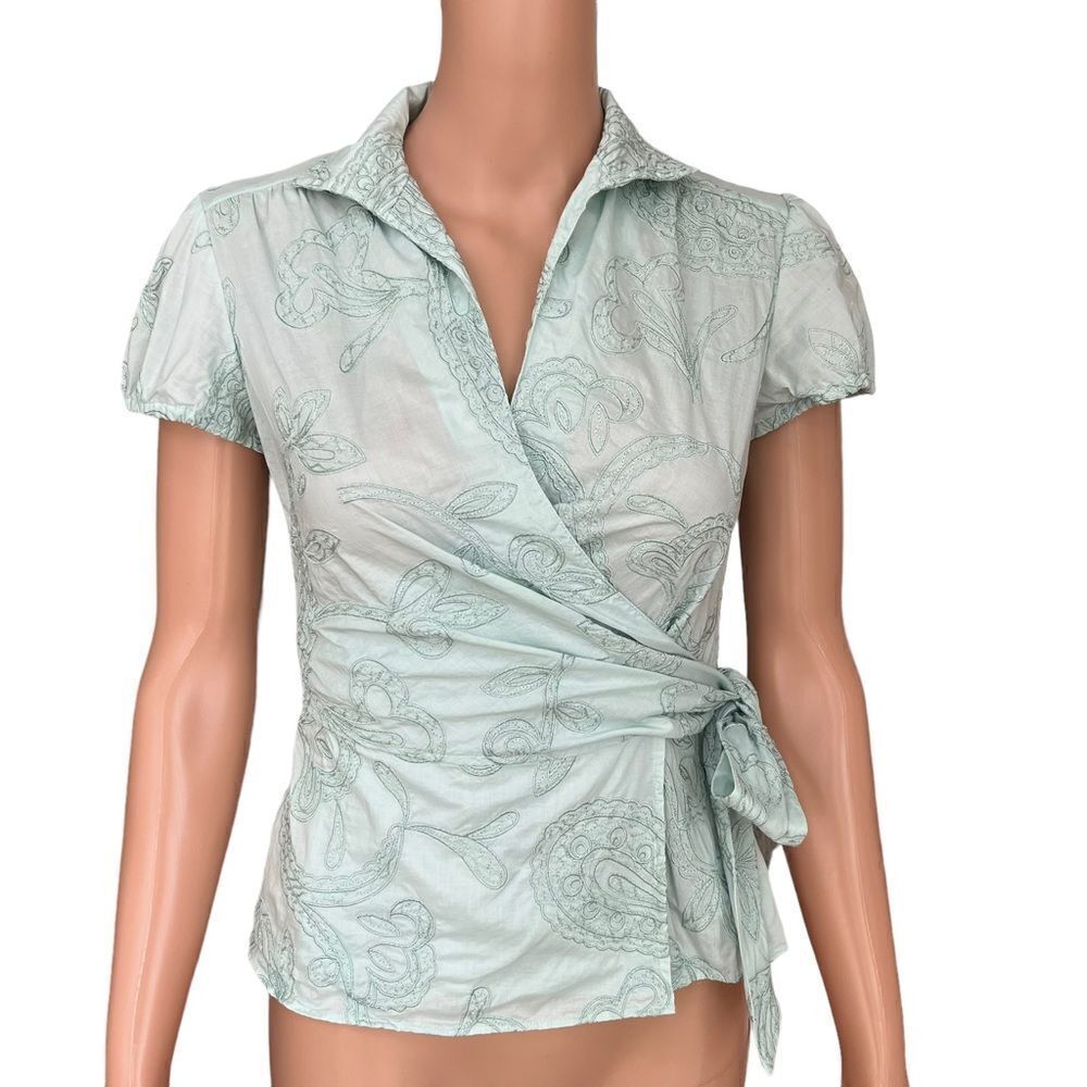 Lafayette 148 New York cotton green mint embroidered wrap blouse size 2P